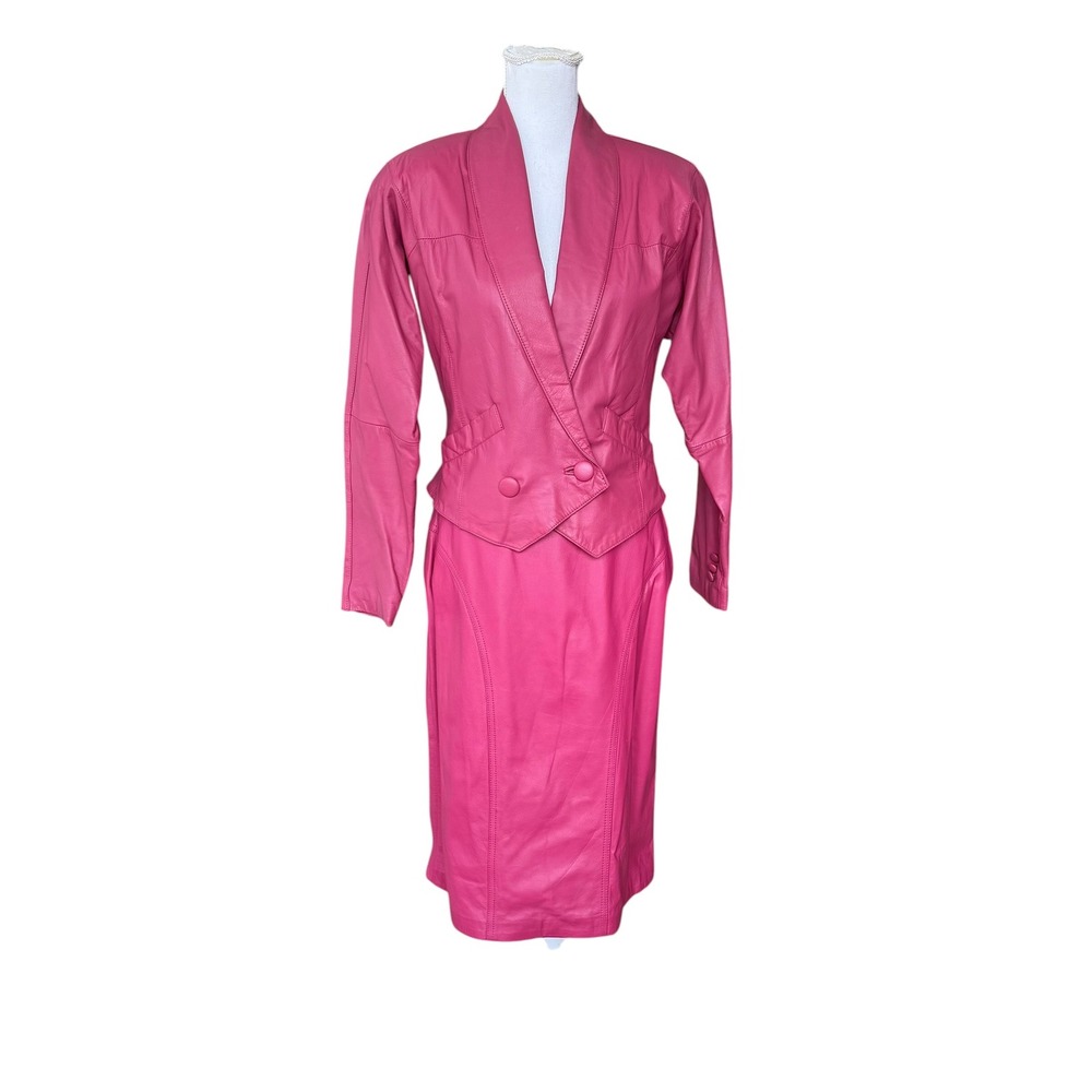 Pelle Cuir Vintage Pink Leather Skirt Suit Set Blazer Pencil Skirt Womens M‎ 12